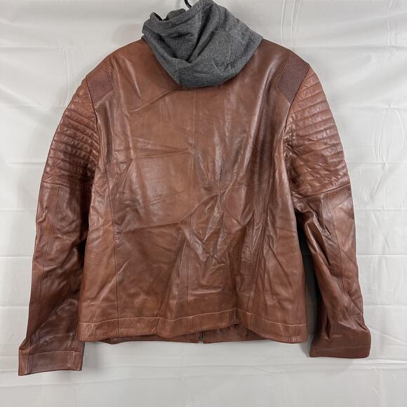 Gian Mori Leather Jacket Mens 3XL Sheepskin Moto Quilted Hooded Brown Zip Biker - Picture 7 of 16